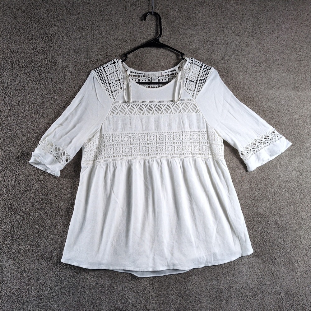 Pale Sky Crochet Lace Trimmed‎ Gauze Top Blouse White Size M Peasant Top